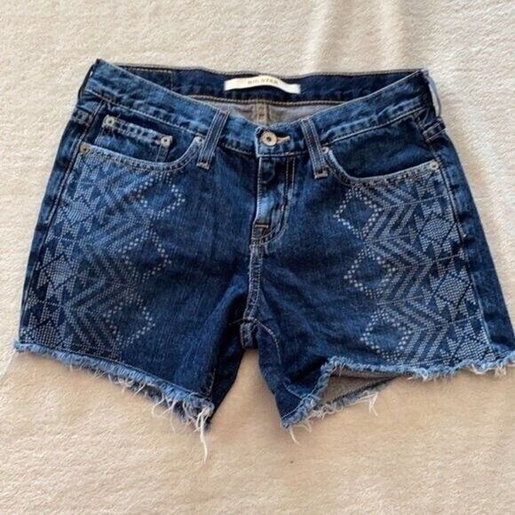 Big Star Shorts Womens 25 Blue Denim Jean Pockets Printed Western Geometric Raw - Picture 2 of 10